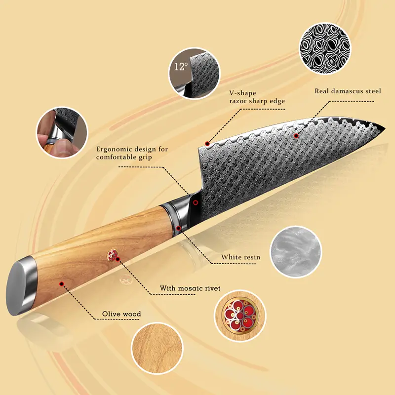Couteau de Chef – Acier damassé 67 couches avec noyau AUS-10 – Manche élégant en bois d’olivier – Tranchant rasoir, dureté 60±2 HRC – Design ergonomique et haut de gamme