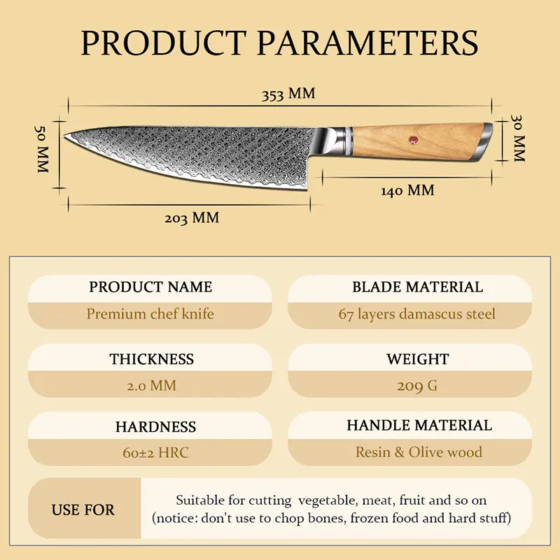 Couteau de Chef – Acier damassé 67 couches avec noyau AUS-10 – Manche élégant en bois d’olivier – Tranchant rasoir, dureté 60±2 HRC – Design ergonomique et haut de gamme
