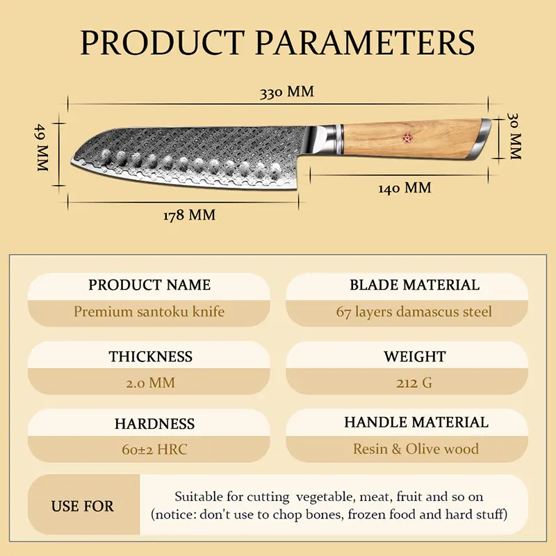 Couteau Santoku – Acier damassé 67 couches avec noyau AUS-10 – Manche élégant en bois d’olivier – Tranchant rasoir, dureté 60±2 HRC – Design ergonomique et haut de gamme