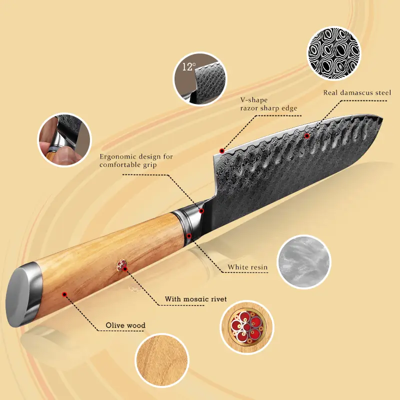 Couteau Santoku – Acier damassé 67 couches avec noyau AUS-10 – Manche élégant en bois d’olivier – Tranchant rasoir, dureté 60±2 HRC – Design ergonomique et haut de gamme