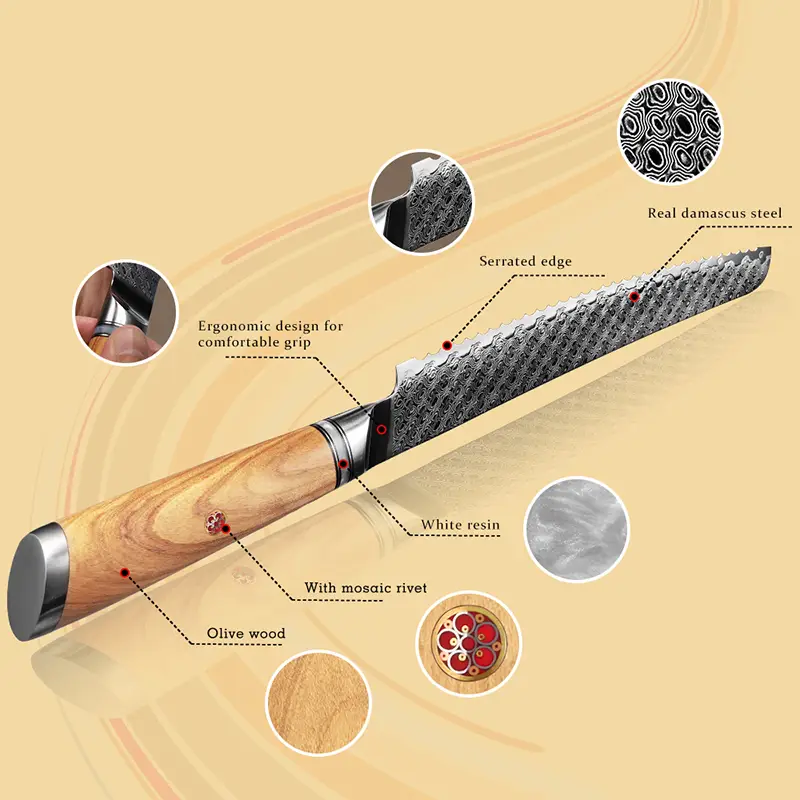 Couteau à Pain – Acier damassé 67 couches avec noyau AUS-10 – Manche élégant en bois d’olivier – Tranchant rasoir, dureté 60±2 HRC – Design ergonomique et haut de gamme