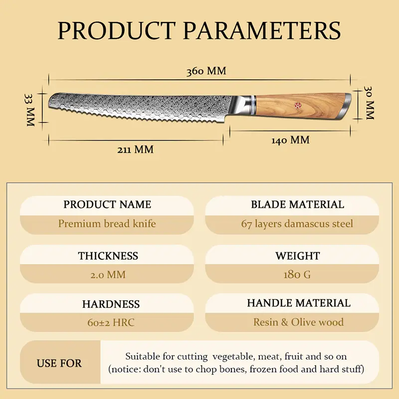 Couteau à Pain – Acier damassé 67 couches avec noyau AUS-10 – Manche élégant en bois d’olivier – Tranchant rasoir, dureté 60±2 HRC – Design ergonomique et haut de gamme