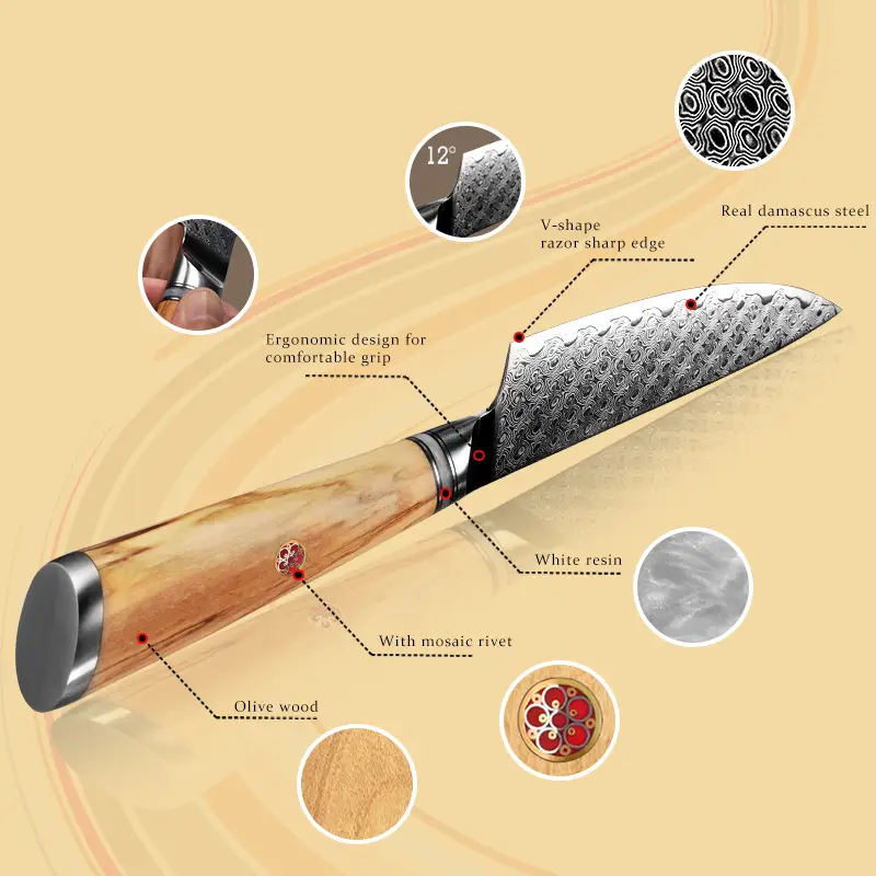Couteau Utilitaire – Acier damassé 67 couches avec noyau AUS-10 – Manche élégant en bois d’olivier – Tranchant rasoir, dureté 60±2 HRC – Design ergonomique et haut de gamme