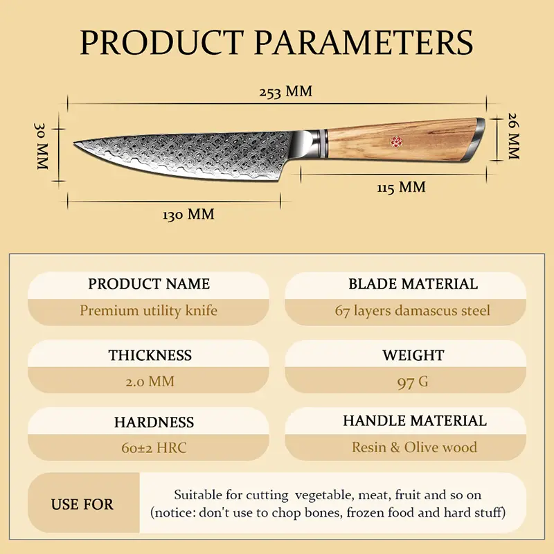 Couteau Utilitaire – Acier damassé 67 couches avec noyau AUS-10 – Manche élégant en bois d’olivier – Tranchant rasoir, dureté 60±2 HRC – Design ergonomique et haut de gamme