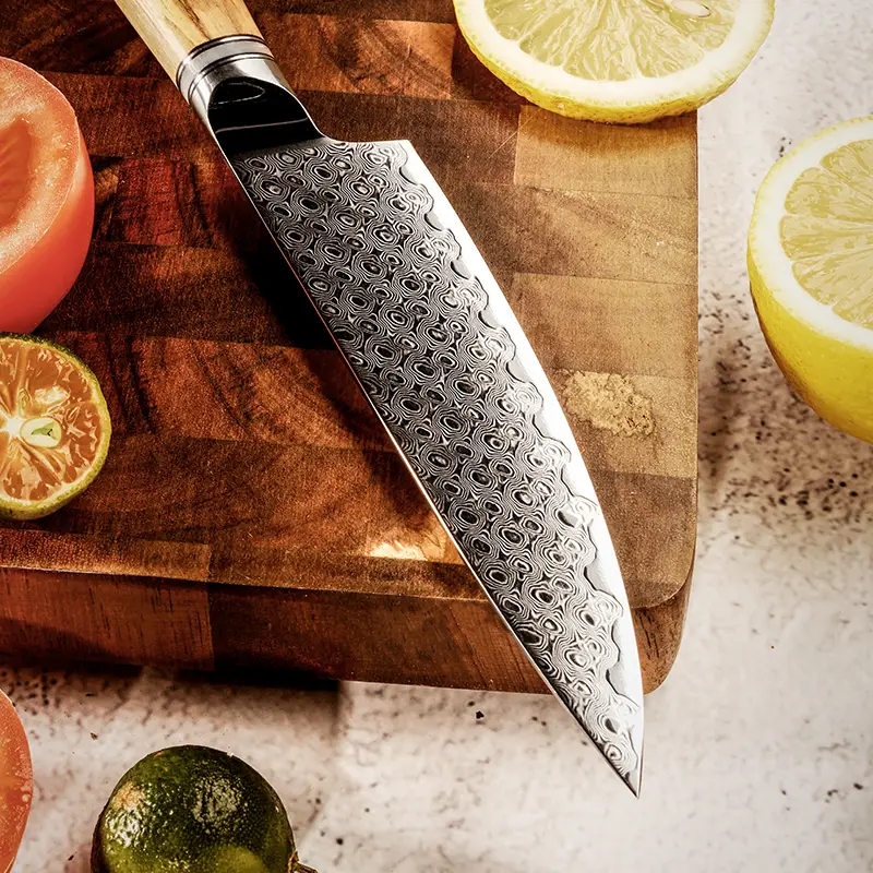 Couteau Utilitaire – Acier damassé 67 couches avec noyau AUS-10 – Manche élégant en bois d’olivier – Tranchant rasoir, dureté 60±2 HRC – Design ergonomique et haut de gamme