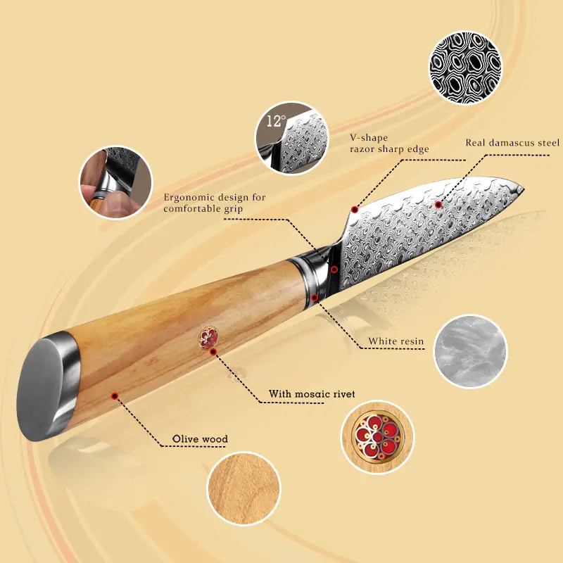 Couteau d’Office – Acier damassé 67 couches avec noyau AUS-10 – Manche élégant en bois d’olivier – Tranchant rasoir, dureté 60±2 HRC – Design ergonomique et haut de gamme