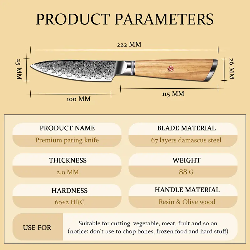 Couteau d’Office – Acier damassé 67 couches avec noyau AUS-10 – Manche élégant en bois d’olivier – Tranchant rasoir, dureté 60±2 HRC – Design ergonomique et haut de gamme