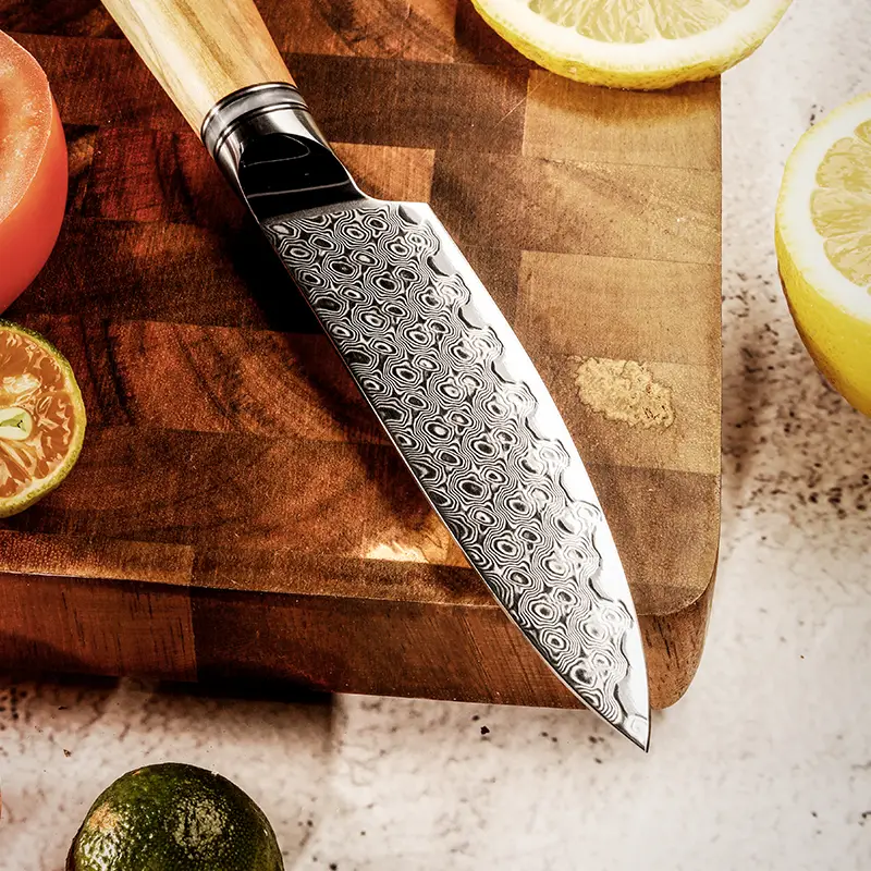 Couteau d’Office – Acier damassé 67 couches avec noyau AUS-10 – Manche élégant en bois d’olivier – Tranchant rasoir, dureté 60±2 HRC – Design ergonomique et haut de gamme