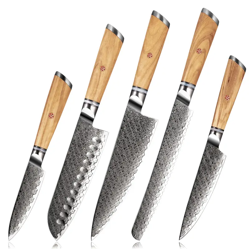 [KN-DAMAS-SET5] Set of 5 Knives – – 67-Layer Damascus Steel with AUS-10 Core – Elegant Olive Wood Handle – Razor Sharp Edge, 60±2 HRC Hardness – Ergonomic Premium Design